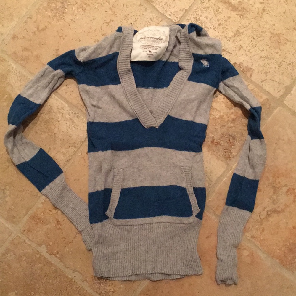 Blue and gray striped hoodie sweater